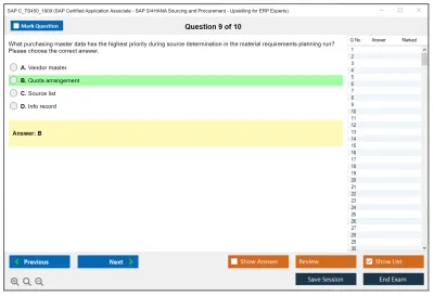 SAP C_TS450_1909 SAP Certified Application Associate - SAP S/4HANA Sourcing and Procurement - Upskilling for ERP Experts Practice test exam simulator test engine exam Prep practice test questions answers Image 9