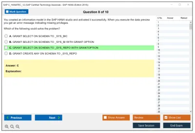 SAP C_HANATEC_12 SAP Certified Technology Associate - SAP HANA (Edition 2016) Practice test exam simulator test engine exam Prep practice test questions answers Image 8