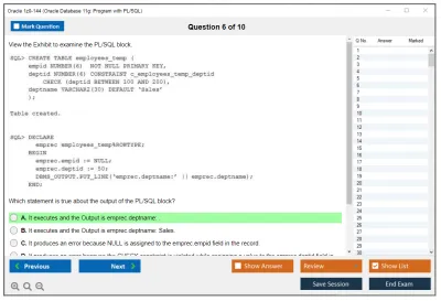 Oracle 1z0-144 Oracle Database 11g: Program with PL/SQL Practice test exam simulator test engine exam Prep practice test questions answers Image 6