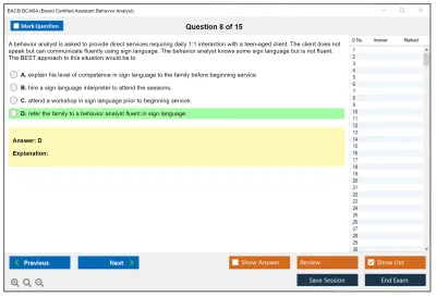 BACB BCABA Board Certified Assistant Behavior Analyst Practice test exam simulator test engine exam Prep practice test questions answers Image 8