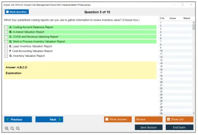 Oracle 1z0-1074-22 Oracle Cost Management Cloud 2022 Implementation Professional Practice test exam simulator test engine exam Prep practice test questions answers Image 5
