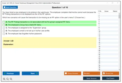 Oracle 1z0-1045-22 Oracle Warehouse Management Cloud 2022 Implementation Professional Practice test exam simulator test engine exam Prep practice test questions answers Image 1