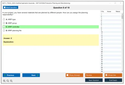 SAP C_TS422_2020 Certified Application Associate - SAP S/4HANA Production Planning and Manufacturing Practice test exam simulator test engine exam Prep practice test questions answers Image 8