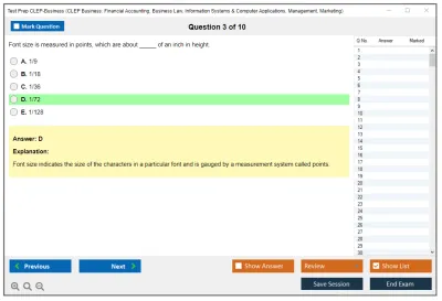 Test Prep CLEP-Business CLEP Business: Financial Accounting, Business Law, Information Systems & Computer Applications, Management, Marketing Practice test exam simulator test engine exam Prep practice test questions answers Image 3
