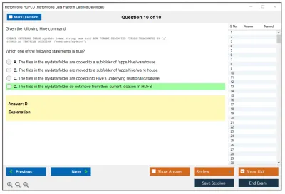 Hortonworks HDPCD Hortonworks Data Platform Certified Developer Practice test exam simulator test engine exam Prep practice test questions answers Image 10