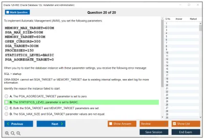 Oracle 1z0-062 Oracle Database 12c: Installation and Administration Practice test exam simulator test engine exam Prep practice test questions answers Image 20