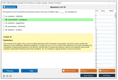 TOEFL TOEFL-Sentence-Completion Test of English as a Foreign Language - Sentence Completion Practice test exam simulator test engine exam Prep practice test questions answers Image 4