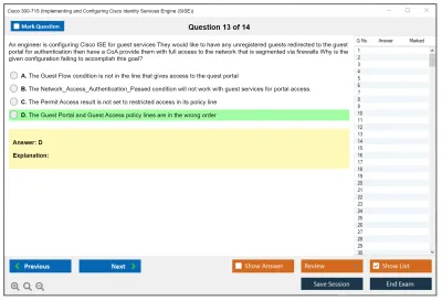 Cisco 300-715 Implementing and Configuring Cisco Identity Services Engine (SISE) v4.0 (300-715 SISE) Practice test exam simulator test engine exam Prep practice test questions answers Image 13