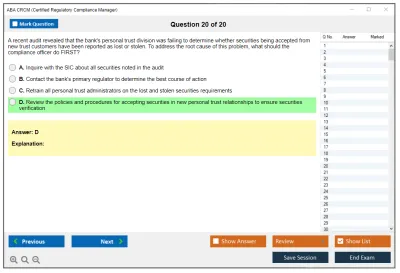 ABA CRCM Certified Regulatory Compliance Manager Practice test exam simulator test engine exam Prep practice test questions answers Image 20