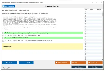 Juniper JN0-649 Enterprise Routing and Switching Professional (JNCIP-ENT) Practice test exam simulator test engine exam Prep practice test questions answers Image 5