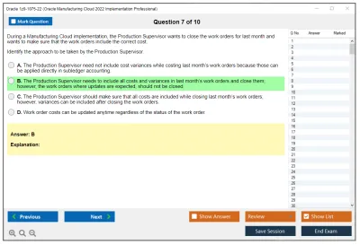 Oracle 1z0-1075-22 Oracle Manufacturing Cloud 2022 Implementation Professional Practice test exam simulator test engine exam Prep practice test questions answers Image 7