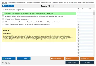 Test Prep CLEP-History-and-Social-Sciences CLEP History and Social Sciences: American Government, Educational Psychology, History of the United States, Macroeconomics, Microeconomics, Psychology Practice test exam simulator test engine exam Prep practice test questions answers Image 10