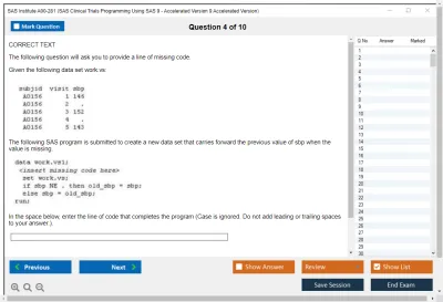 SAS Institute A00-281 SAS Clinical Trials Programming Using SAS 9 - Accelerated Version 9 Accelerated Version Practice test exam simulator test engine exam Prep practice test questions answers Image 4