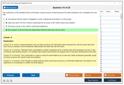 AICPA AUD CPA Auditing and Attestation Exam Practice test exam simulator test engine exam Prep practice test questions answers Image 16
