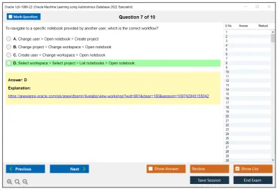 Oracle 1z0-1096-22 Oracle Machine Learning using Autonomous Database 2022 Specialist Practice test exam simulator test engine exam Prep practice test questions answers Image 7