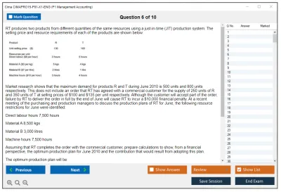 Cima CIMAPRO15-P01-X1-ENG P1 Management Accounting Practice test exam simulator test engine exam Prep practice test questions answers Image 6