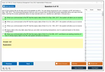 Oracle 1z0-1045-22 Oracle Warehouse Management Cloud 2022 Implementation Professional Practice test exam simulator test engine exam Prep practice test questions answers Image 4