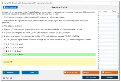 Oracle 1z0-485 Oracle Exadata Database Machine 2014 Implementation Essentials Practice test exam simulator test engine exam Prep practice test questions answers Image 6