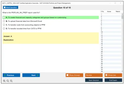 SAP C_S4PPM_1909 SAP Certified Application Associate - SAP S/4HANA Portfolio and Project Management Practice test exam simulator test engine exam Prep practice test questions answers Image 10