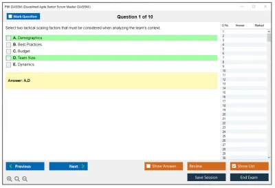 PMI DASSM Disciplined Agile Senior Scrum Master (DASSM) Exam Practice test exam simulator test engine exam Prep practice test questions answers Image 1