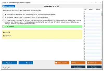 ABA CRCM Certified Regulatory Compliance Manager Practice test exam simulator test engine exam Prep practice test questions answers Image 16