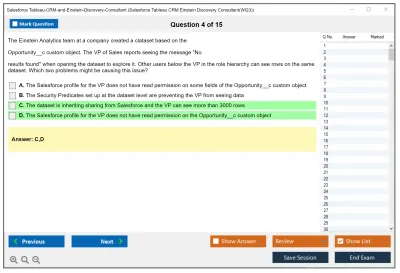 Salesforce Tableau-CRM-and-Einstein-Discovery-Consultant Salesforce Tableau CRM Einstein Discovery Consultant Practice test exam simulator test engine exam Prep practice test questions answers Image 4