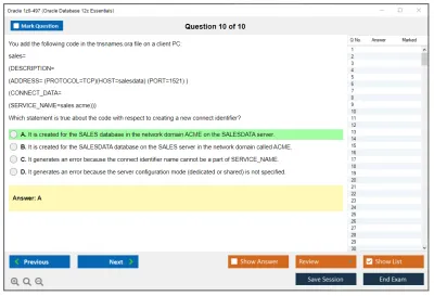 Oracle 1z0-497 Oracle Database 12c Essentials Practice test exam simulator test engine exam Prep practice test questions answers Image 10
