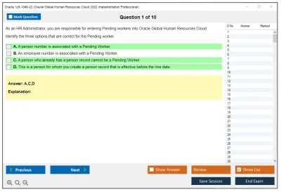 Oracle 1z0-1046-22 Oracle Global Human Resources Cloud 2022 Implementation Professional Practice test exam simulator test engine exam Prep practice test questions answers Image 1