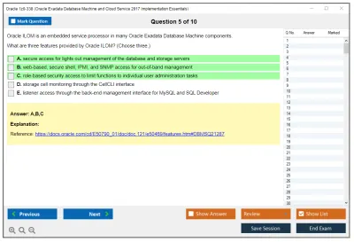 Oracle 1z0-338 Oracle Exadata Database Machine and Cloud Service 2017 Implementation Essentials Practice test exam simulator test engine exam Prep practice test questions answers Image 5