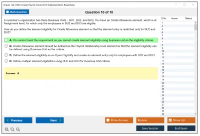 Oracle 1z0-1050 Oracle Payroll Cloud 2019 Implementation Essentials Practice test exam simulator test engine exam Prep practice test questions answers Image 10