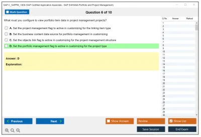 SAP C_S4PPM_1909 SAP Certified Application Associate - SAP S/4HANA Portfolio and Project Management Practice test exam simulator test engine exam Prep practice test questions answers Image 6