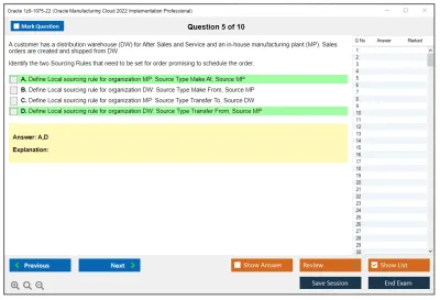 Oracle 1z0-1075-22 Oracle Manufacturing Cloud 2022 Implementation Professional Practice test exam simulator test engine exam Prep practice test questions answers Image 5