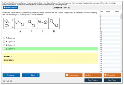 Test Prep ASVAB-Test Armed Services Vocational Aptitude Battery Test: General Science, Arithmetic Reasoning, Word Knowledge, Paragraph Comprehension, Mathematics Knowledge, Electronics Information, Automotive & Shop Information, Mechanical Comprehension, Assembling Objects Practice test exam simulator test engine exam Prep practice test questions answers Image 12