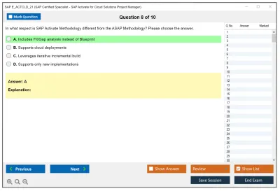 SAP E_ACTCLD_21 SAP Certified Specialist - SAP Activate for Cloud Solutions Project Manager Practice test exam simulator test engine exam Prep practice test questions answers Image 8
