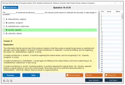 Test Prep TEAS-Test Test of Essential Academic Skills: Reading Comprehension, Sentence Correction, Math Problem Solving, Sentence Completion Practice test exam simulator test engine exam Prep practice test questions answers Image 16