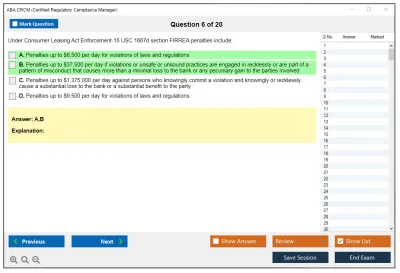 ABA CRCM Certified Regulatory Compliance Manager Practice test exam simulator test engine exam Prep practice test questions answers Image 6