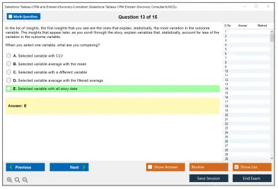 Salesforce Tableau-CRM-and-Einstein-Discovery-Consultant Salesforce Tableau CRM Einstein Discovery Consultant Practice test exam simulator test engine exam Prep practice test questions answers Image 13