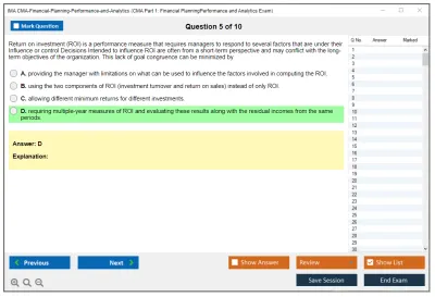IMA CMA-Financial-Planning-Performance-and-Analytics CMA Part 1: Financial Planning - Performance and Analytics Exam Practice test exam simulator test engine exam Prep practice test questions answers Image 5