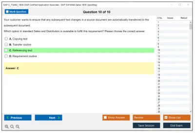 SAP C_TS460_1809 SAP Certified Application Associate - SAP S/4HANA Sales 1809 Upskilling Practice test exam simulator test engine exam Prep practice test questions answers Image 10