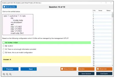 Alcatel-Lucent 4A0-105 Nokia Virtual Private LAN Services Practice test exam simulator test engine exam Prep practice test questions answers Image 10