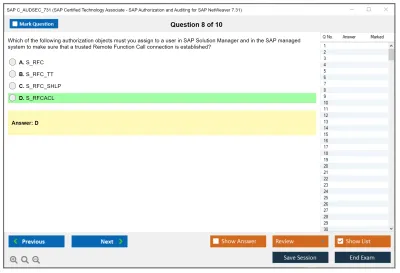 SAP C_AUDSEC_731 SAP Certified Technology Associate - SAP Authorization and Auditing for SAP NetWeaver 7.31 Practice test exam simulator test engine exam Prep practice test questions answers Image 8