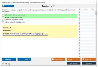 Oracle 1z0-1087-20 Oracle EPM Account Reconciliation 2020 Implementation Essentials Practice test exam simulator test engine exam Prep practice test questions answers Image 4