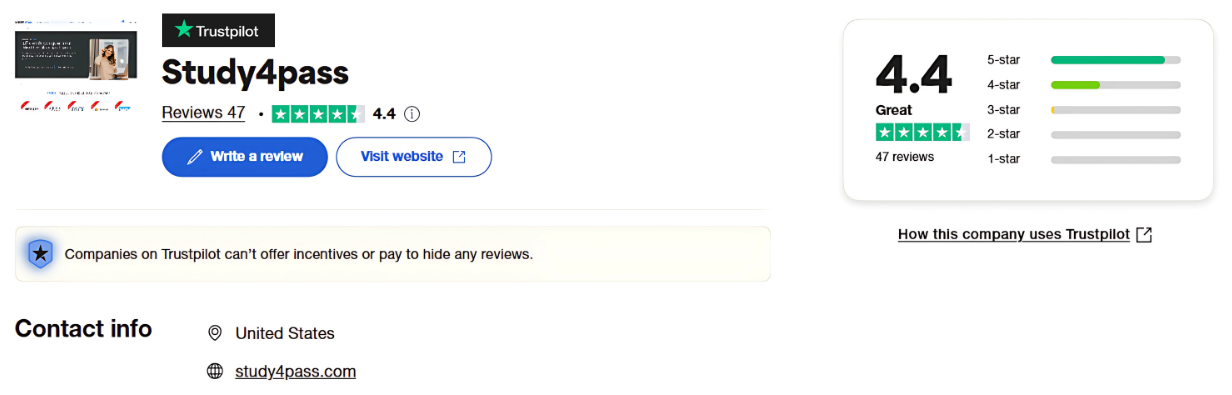 Study4Pass TrustPilot Reviews Desktop Image
